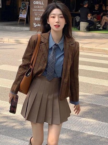 

dress women suit blazer +skirt + shirt 3 pieces set uniform brown preppy suits crop streetwear party skinny clothes woman trend, White