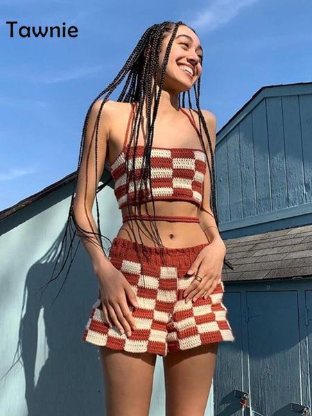

dress tawnie 2022 summer y2k women knitted shorts suits skinny halter neck crop and shorts 2 piece set female casual beach outfits, White