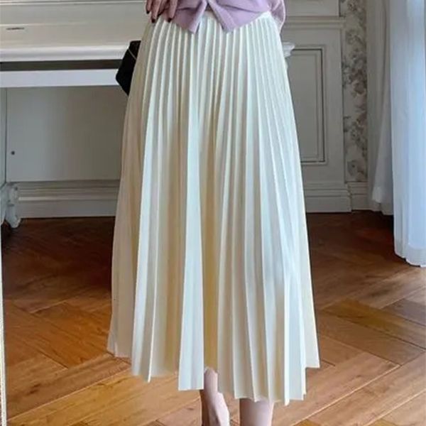 

skirts yitimoky white pleated long skirts for women japanese korean elegant fashion high waisted elastic band midi harajuku skirt 230422, Black
