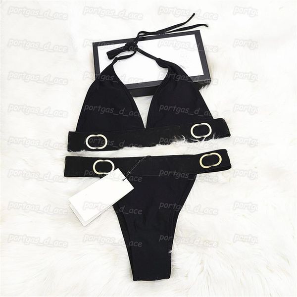 

letters printed womens bikinis split padded push up swimwear with tie fashion beach bra briefs girl bathing suit swimsuit314r, Black