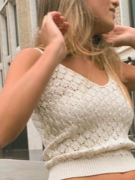 

t-shirt vintage hollow out knit camis women summer v neck sleeveless beige soft cotton tank sweet chic slim crop 2022, White