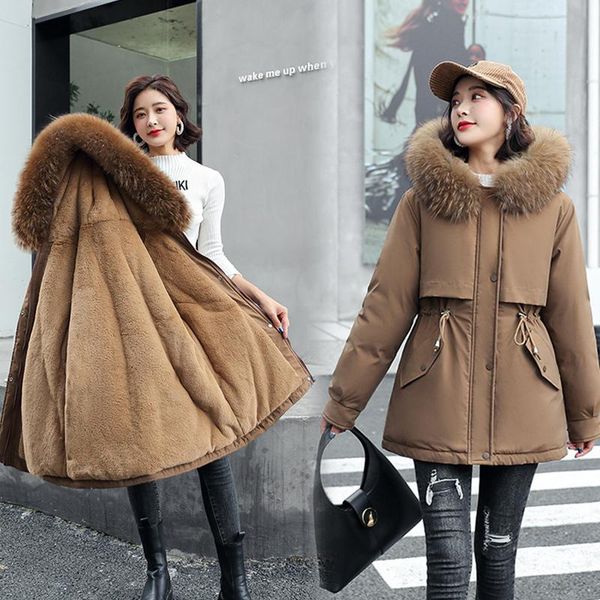

leather winter 2022 women's coats new big fur collar midlength female korean fashion slim plush inner parker cotton jacket, Black