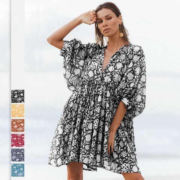 

half puff sleeved casual women's floral dress v-neck hight-waist loose lace-up short skirts for girls 2023 spring and summer holiday ne, Black;gray