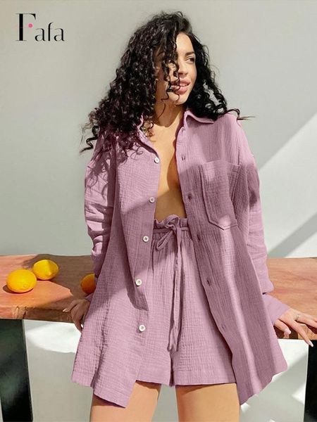 

dress casual cotton two piece sets women summer long sleeve shirts with shorts suits female high waist loose tracksuits 2022 new, White