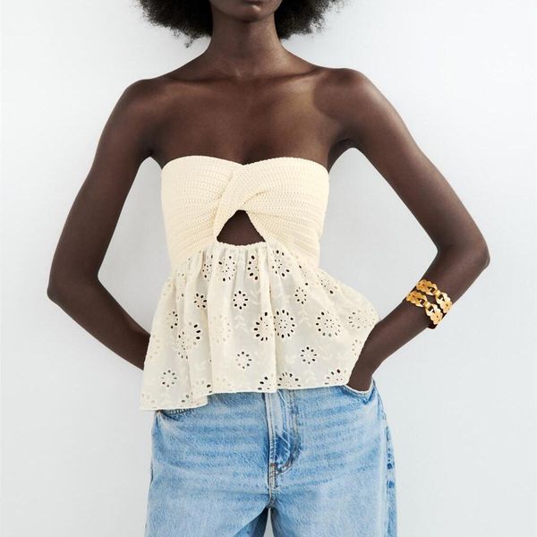 

tanks 2022 summer new women's stitching french retro hollow stitching knitted embroidery tube top, Black;white