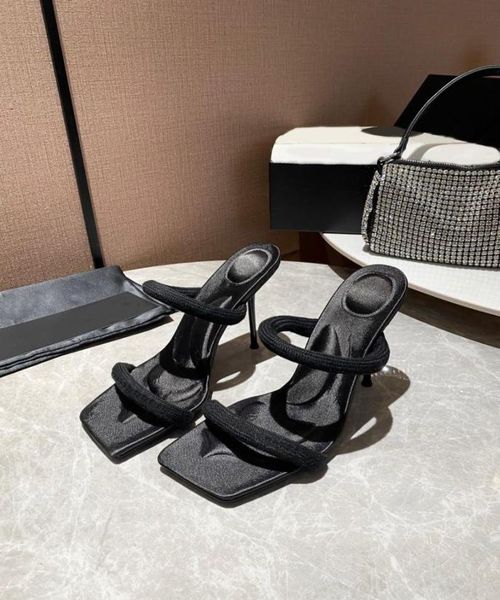 

2022 luxury women039s highheeled slippers polyester cotton fashionable square head slipper with box size 35427296836, Black