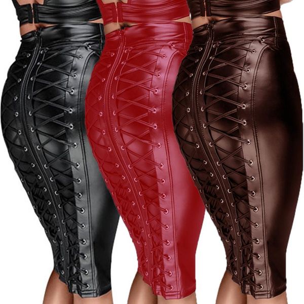 

dresses punk fashion faux leather midi skirts women's high waist laceup wrap pencil skirt hip wetlook vinyl skirts black brown red, White;black