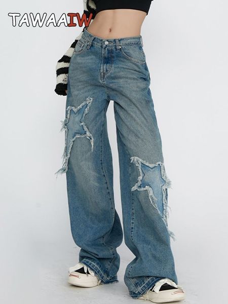 

women's jeans tawaaiw american retro mom blue baggy denim trousers embroidery vintage loose wide leg pants korean fashion 230422
