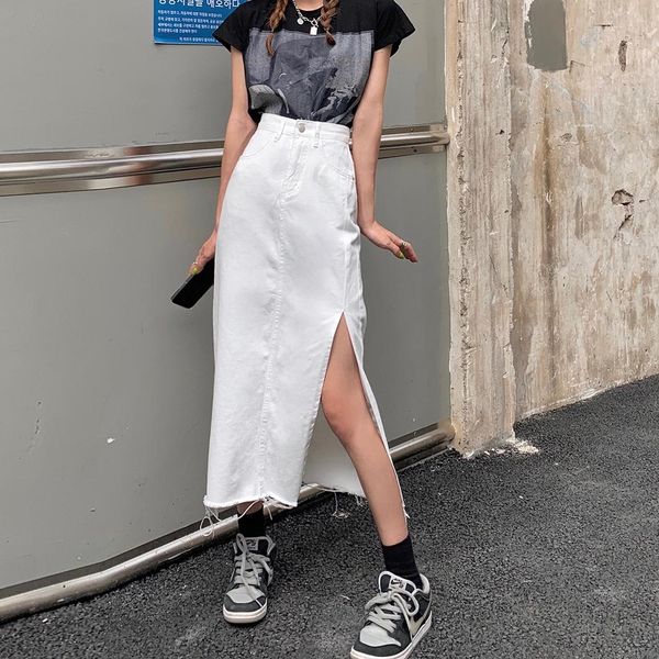

capris korean casual white denim skirts women fashion high waist loose slit wraps long skirt female 2022 spring summer new, Black;white