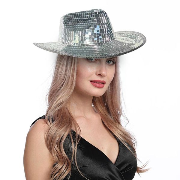 

wide brim hats bucket glitter mirror disco cowboy stunning ball for dj sequins cap club stage bar party dan x3i1 230421, Blue;gray