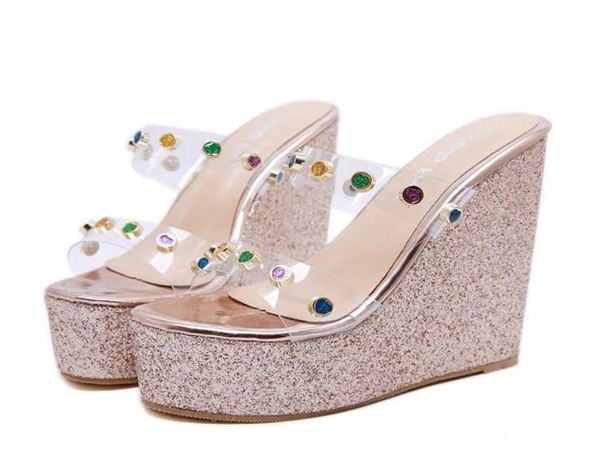 

fashion luxury designer women shoes sandals glitter rhinestone pvc transparent platform wedge slipper7224898, Black