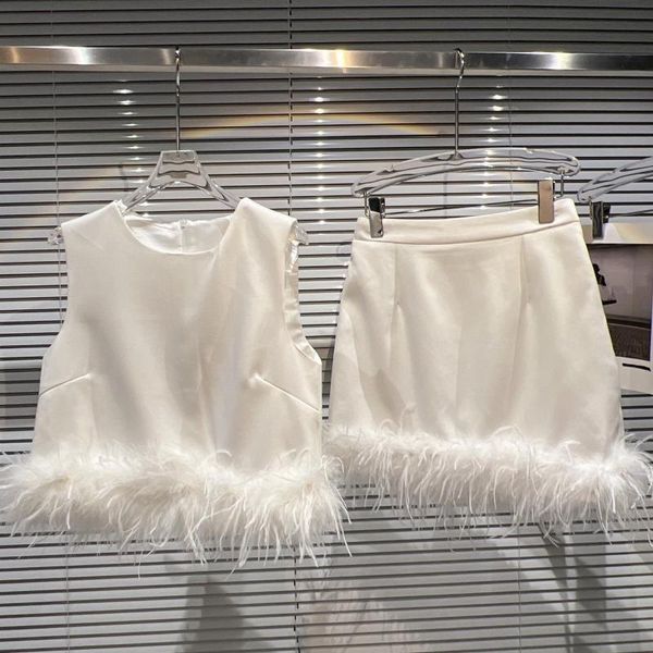 

dress prepomp 2022 summer new arrivals sleeveless o neck feathers tassel vest high waist short skirt two piece set women gf275, White