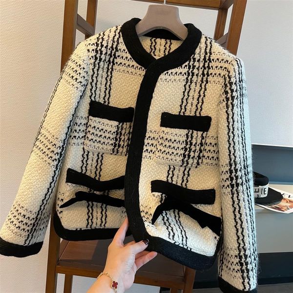 

fur fragrant style pattern add cotton woolen coat women's winter contrast color bow wool weave female jacket, Black