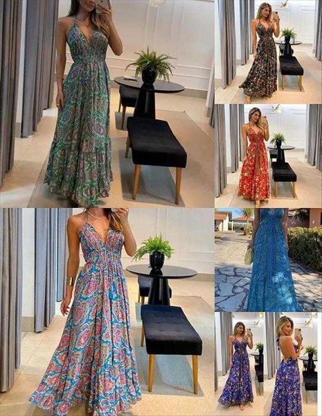 

womens summer dress fashion printed v neck backless lace up sleeveless long, Black;gray