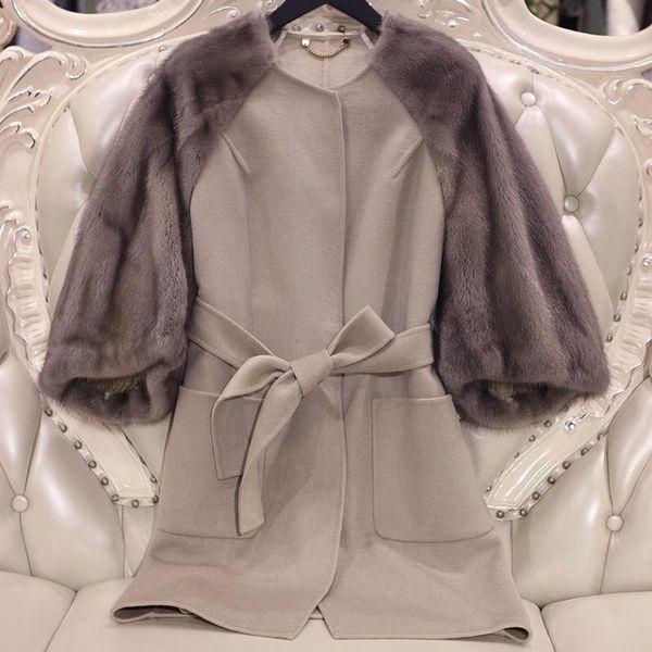 

fur arlenesain custom women mink splicing doublesided wool coat. 059, Black
