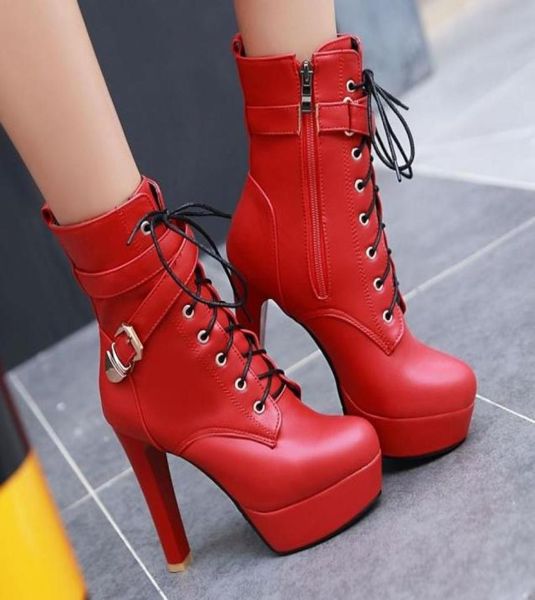 

size 33 to 43 44 45 red pu leather high heel lace up knight boots ankle booties luxury designer women boots7245252, Black