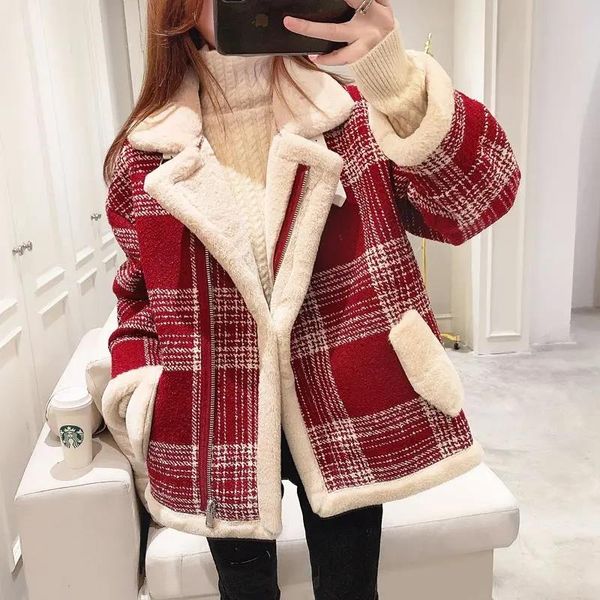 

fur 2021 winter thick velvet woolen coat women plaid turndown collar zipper short wool blends jacket korean fashion warm outerwear, Black