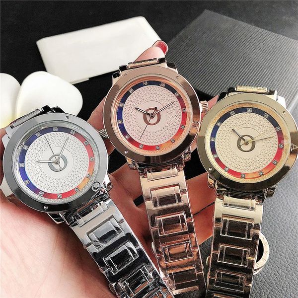 

fashion brand watches women girl colorful crystal style metal steel band quartz wrist watch p79326r, Slivery;brown
