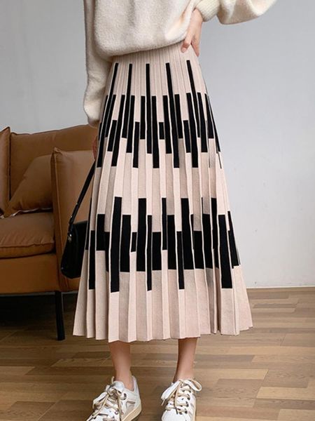 

dresses tigena new soft knitted midi skirt women fashion 2022 autumn winter vintage striped a line high waist pleated long skirt female, White;black