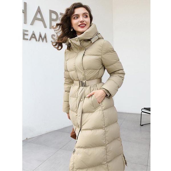 

parkas fitaylor new winter hooded long parkas jacket women fashion 90% white duck down coat with belt thick warm zipper snow outwear, Black