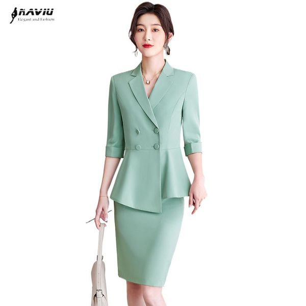 

pants light green half sleeve suits women summer thin high end professional temperament slim blazer and skirt office ladies work wear, White