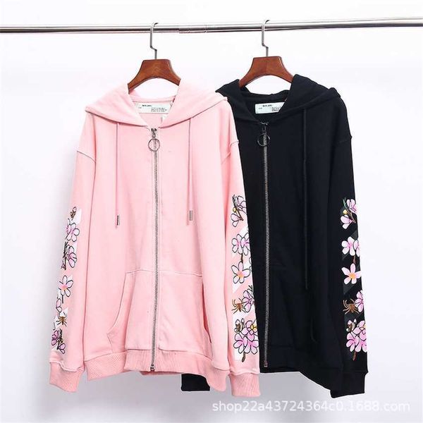

peach blossom arrow print hoodie ow men and women's couple's european oversized loose zippered hat, Black