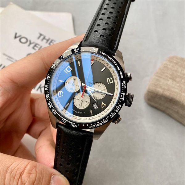 

mens watch subdial work chronometre watches japan vk quartz movement timewalker original leather strap functional wristwatch w278f, Slivery;brown
