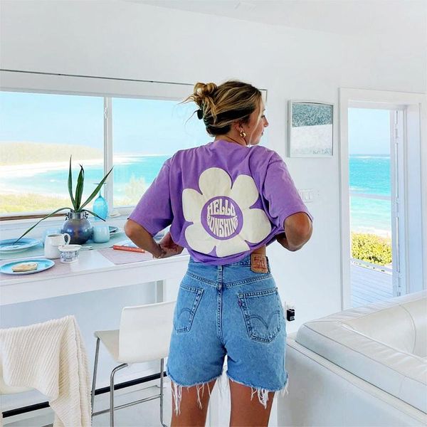 

t-shirt women the beach club printed light purple cotton t shirts short sleeve loose crewneck summer tumblr vintage aesthetic tees, White
