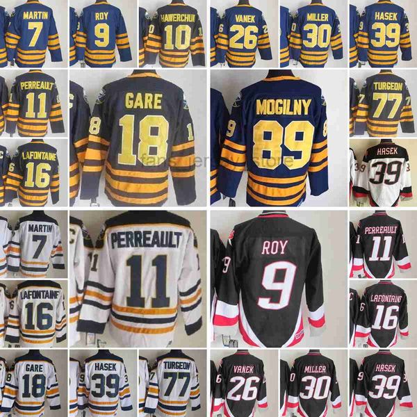 

vintage ice hockey jerseys 7 rick 9 derekmartin roy 10 hawerchuk 11 gilbert perreault lafontaine gare vanek miller hasek turgeon, Black;red