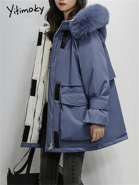 

leather yitimoky puffer parkas winter jacket for women coat 2022 casual fur collar hood korean fashion oversized thicken warm outerwear, Black