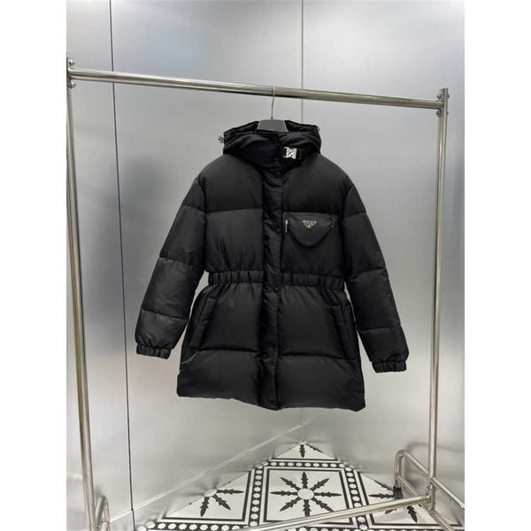 

36% off family autumn and winter casual simple triangle bag decoration waist hooded mid length cotton coat, Black