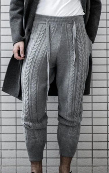 

pants trousers slim knit men's pencil pants autumn winter high waist drawstring long bottoms streetwear male casual knitted pants, Black