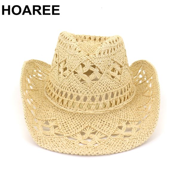 

wide brim hats bucket hoaree hand knitting western cowboy cowgirl straw summer womens sun hollow out beige women men sunhat 230421, Blue;gray