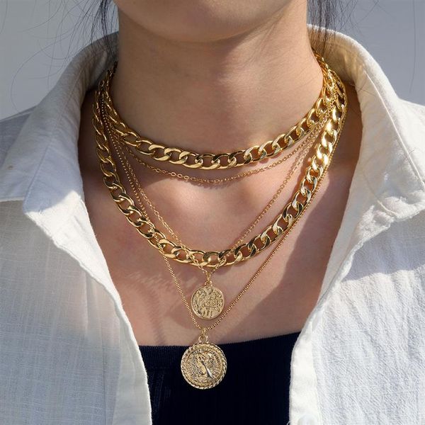

vintage multi-layer gold chain choker necklace for women coin butterfly pendant fashion portrait chunky chain necklaces jewelry247r, Silver