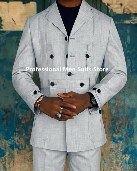 

blazers unique design light grey man suit with belt notch lapel blazer trousers 2pcs jacket pants tailored wedding wear men sets outfit, White;black