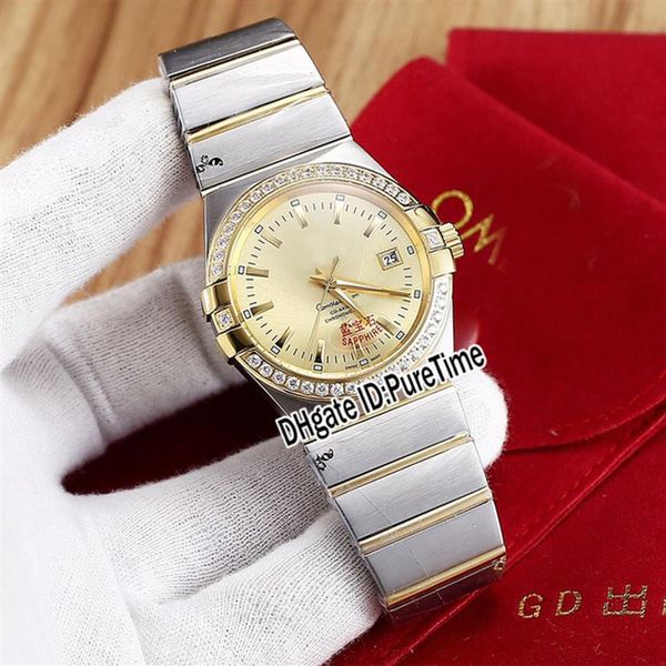 

new 123 25 35 20 58 001 two tone yellow gold diamond bezel gold dial miyota 8215 automatic mens watch stainless steel watches pure300v, Slivery;brown