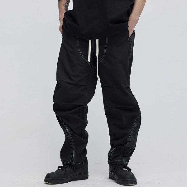 

men's pants y2k zipper decorate pocekts style baggy casual tra pants men's harajuku hip hop loose overalls oversized cargo trouser, Black