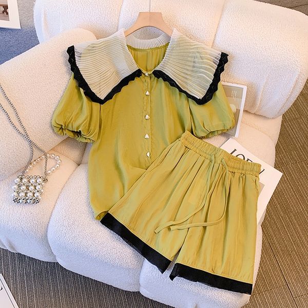 

women's tracksuits fashion sweet matching sets peter pan collar short sleeve contrast color high waist lace up mini shorts oversized su, Gray