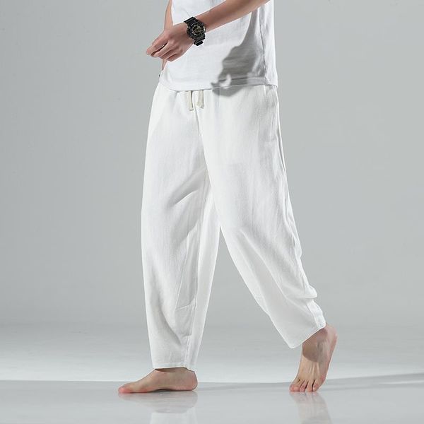 

pants 2022 spring men linen wide leg pants mens white harajuku streetwear harem pants male chinese style hanfu kongfu trousers, Black