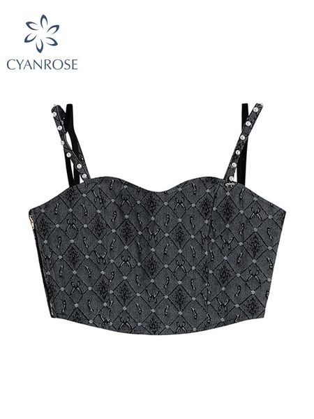 

t-shirt 2022 women gothic slim jacquard denim camis vintage harajuku streetwear female y2k black sleeveless off shoulder crop top, White