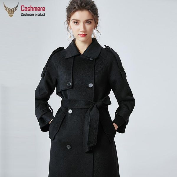 

fur winter women's wool coat long water ripple cashmere coat womens autumn loose black coat doublebreasted laceup fashion coat