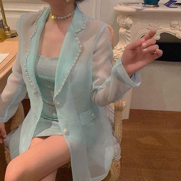 

pants spring summer perspective gauze spliced blazers pearls beaded suits jacket turn down collar ol cardigan buttons crop, White