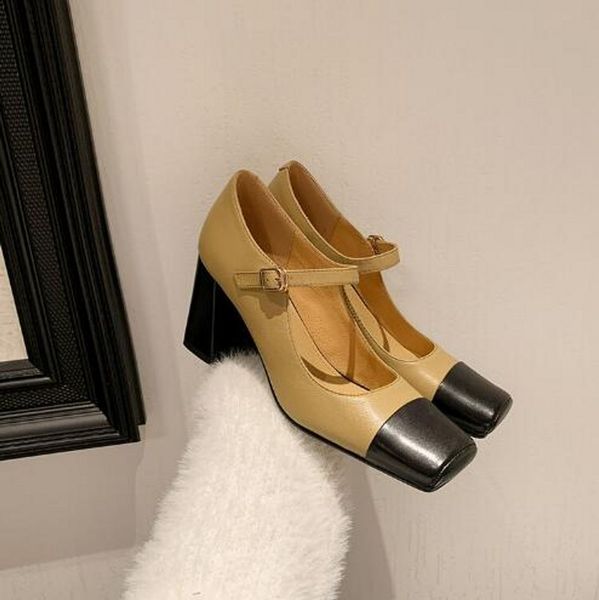 

vintage style mixcolor mary jane shoes women fashion full grain leather womens elegant square toe single shoes feminino, Black