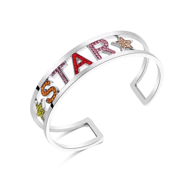 

fashion women's wide bangles colorful and white rhinestone letters star stainless steel open cuff bracelets bangle275y, Black