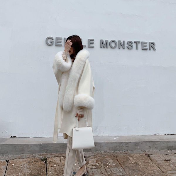 

fur women's fur collar woolen coat, Black