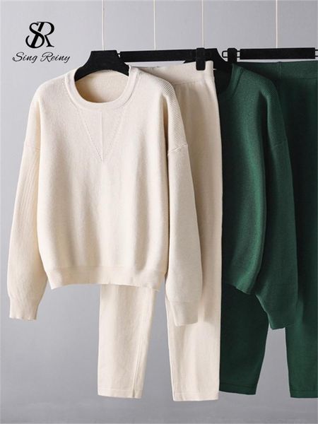 

pants singreiny winter fashion knitted sets long sleeve sweater elasitc straight knit pants ladies warm loose two pieces suits, White