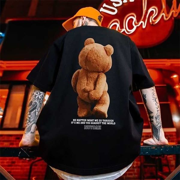 

26% off trendy little bear short sleeve men's summer new couple street loose fat man plus size t-shirt, White;black