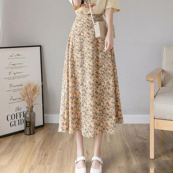 

dresses floral print chiffon summer skirt 2021 long maxi a line bohemain beach holiday vocation wear high wasit women skirt ds181, Black;gray