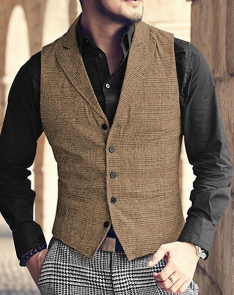 

blazers men's suit vest brown plaid tweed casual slim fit lapel collar formal business vest steampunk clothing groom costumes 2021, White;black
