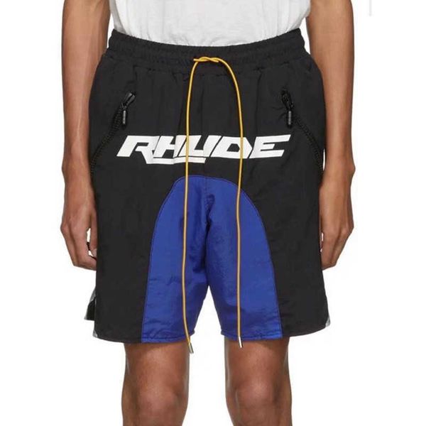 

designer clothing rhude color blocking reflective stitching printed shorts drawstring sport boxer capris couples joggers sportswear beach fi, White;black